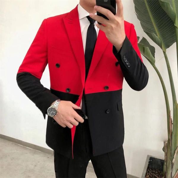 

men's suits & blazers half black red white men blazer hombre double breasted masculino slim fit wedding prom stylish splice homme, White;black