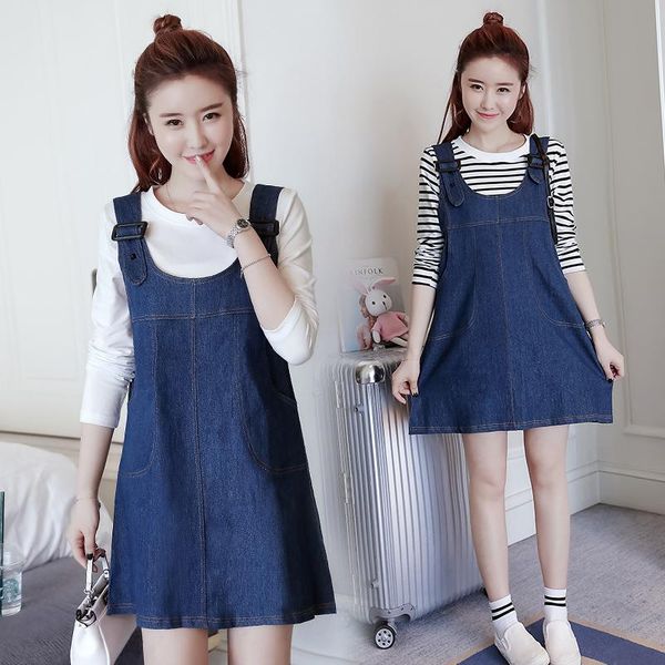 

maternity dresses wear autumn suit fashion models 2021 striped long-sleeved shirt + loose denim strap dress, White