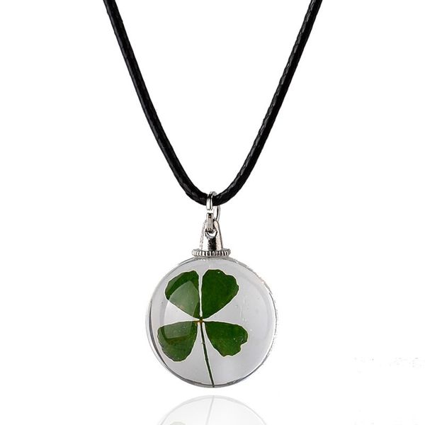 

xiaoqingxin series of four leaf grass glass specimen dried flower necklace, Black