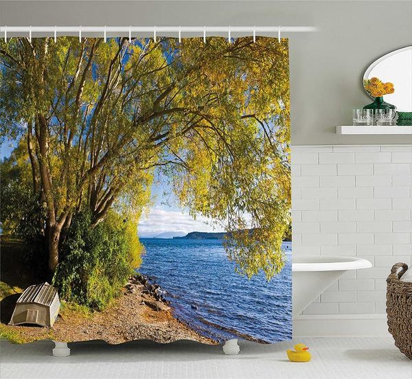 

shower curtains nature curtain small boat under tree by the lake north island zealand picturesque view bath for bathroom