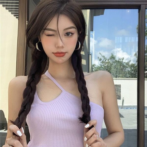 

women's tanks & camis knitted for womens crop women solid color stripe tank oblique shoulder woman sleeveless ins, White