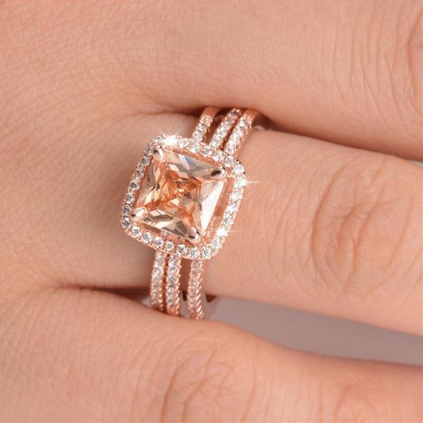 Eheringe Damenring-Set, exquisiter Luxus-Diamant-Drei-in-Eins-Ring, verkupferter Roségold-Mikroset-Zirkon-Schmuck für Frauen