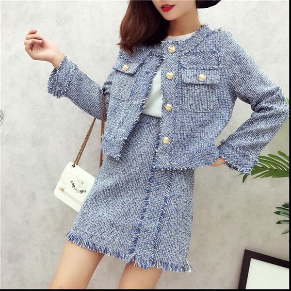 

tassel tweed jacket asymmetrical women tracksuits pearls skirt suit runway autumn winter 2 piece set, Gray