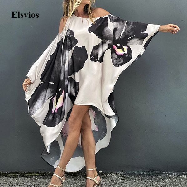 

casual dresses spring batwing sleeve loose beach 2021 summer off shoulder party elegant floral print women long ep23, Black;gray