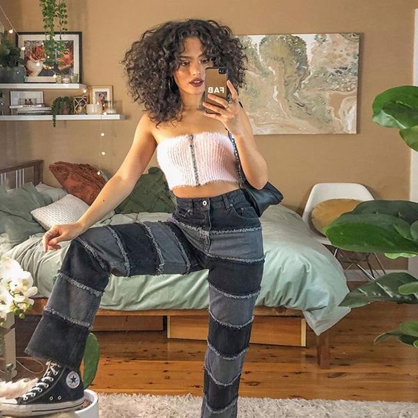 

mandylandy patchwork female jeans trousers thin high waist women slim wide leg loose straight denim pants women's, Blue