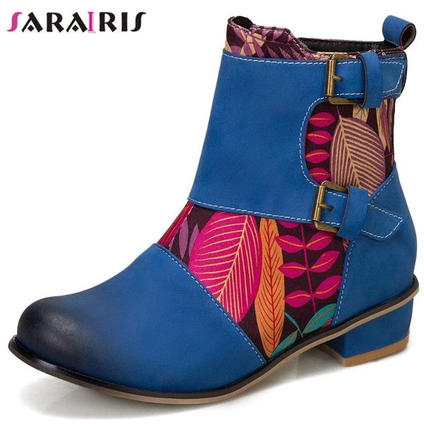 

boots sarairis zipper flower med heel women casual daily round toe ladies retro mixed color buckle winter shoes, Black