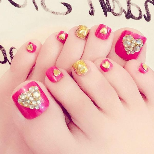

false nails fashion toe 24pcs/box diamond peach heart embellishment decorative toenail diy nail tools, Red;gold