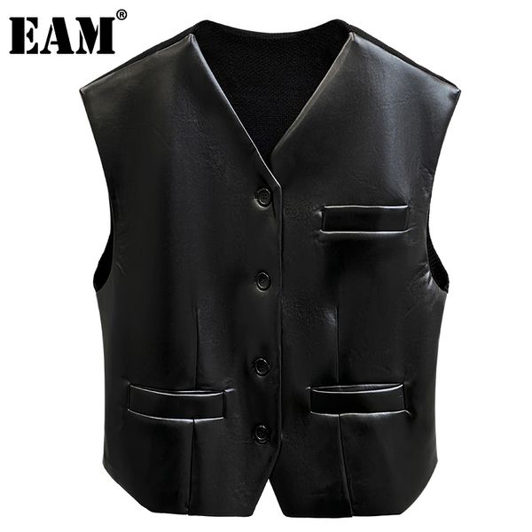 

[eam] women loose fit black pu leather temperament vest v-collar sleeveless fashion spring autumn 1dc450 21512, Black;white