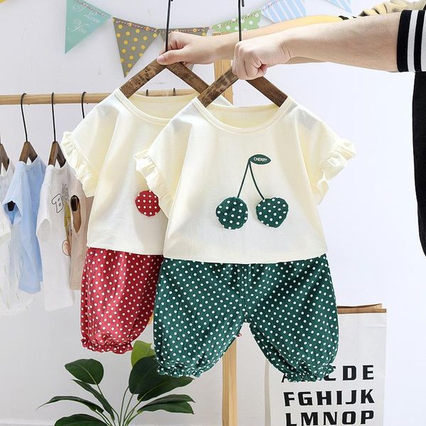 

baby girl clothes 0-4 years old summer short-sleeved suit cotton cartoon cute cherry casual two-piece clothing sets, White
