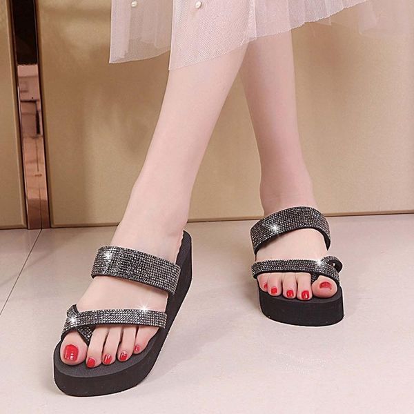 

slippers summer women color crystal wedge shoes platform flip flops beach slope zapatos de mujer, Black