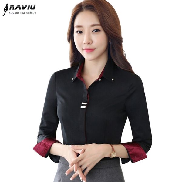 

fashion clothes ol women long sleeve shirt black white slim patchwork sequined cotton blouse office ladies plus size formal 210401