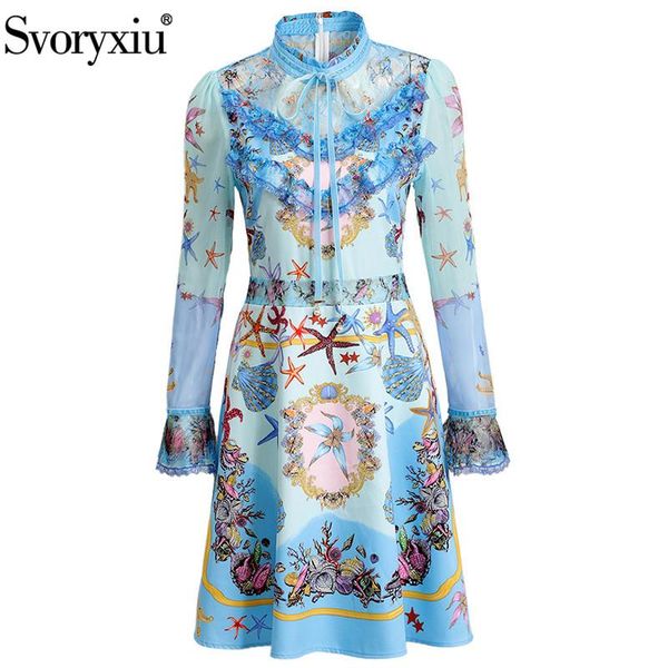 

casual dresses svoryxiu 2021 spring summer runway fashion dress women's elegant flare sleeve lace blue underwater world print, Black;gray