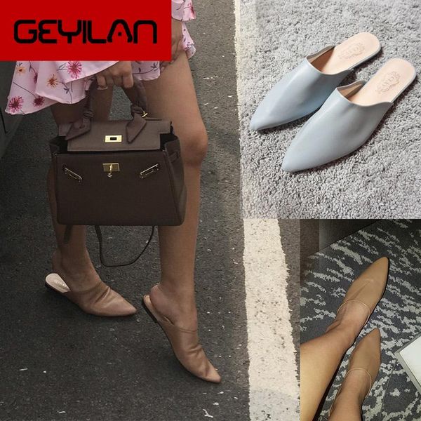 

slippers coslony flat shoes 2021 fashion mules for women pu leather pointed toe slip on flip flops slipper summer sandals, Black