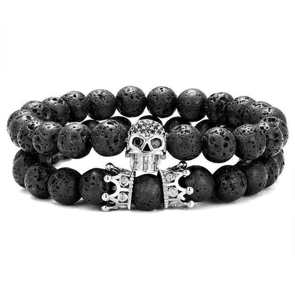 

75%off double crown & skull volcanic stone elastic suit bracelet a1, Golden;silver