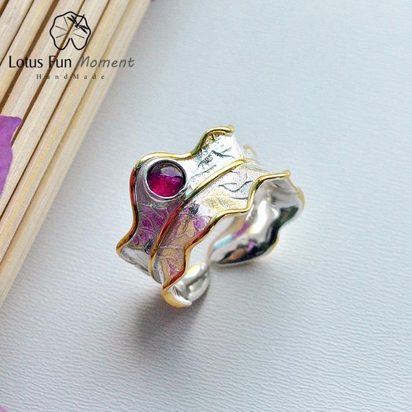 

cluster rings lotus fun moment real 925 sterling silver natural tourmaline handmade fashion jewelry open peony leaf for women bijoux, Golden;silver