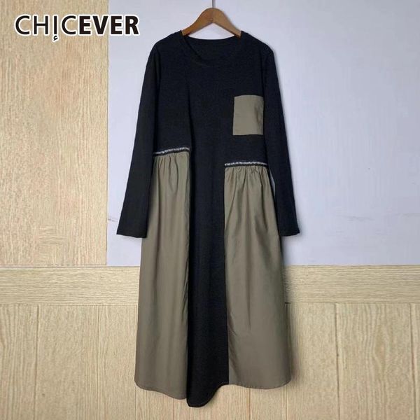 

casual dresses chicever patchwork loose midi dress summer clothes for women round collar long sleeve oversize female clothing 2021 style, Black;gray