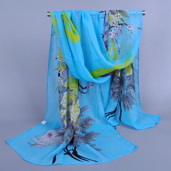 

scarves silk scarf with peacock open screen printing small chiffon long multi-color optional four seasons cartoon present decorate, Blue;gray