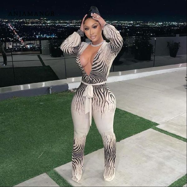 

fashion print deep v neck womens rompers long sleeve elegance plus size one piece outfit clubwear d42 dc40, Black;white