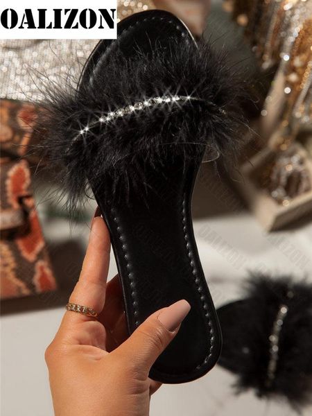 

women flip flops crystal diamante fluffy flat sandal slippers summer shoes lady casual slides peep toe, Black
