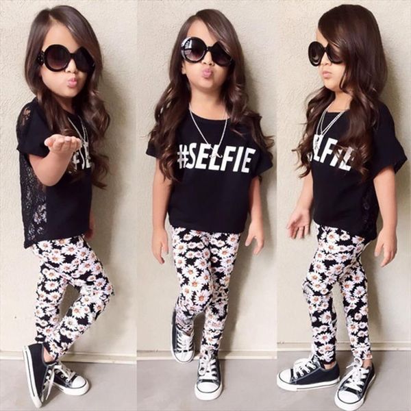 

girl set 3y 7y 2pcs toddler kids hallow lace t shirt floral pants leggings outfits, White