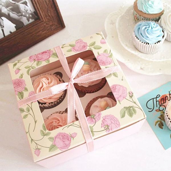 

baking bakery flower paperboard packing boxes 4 grid muffin cupcake box with window christmas party favors