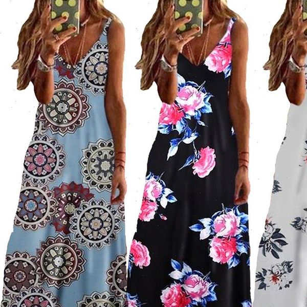 

s 5xl womens dresses dress women v neck adjustable straps chrysanthemum print large hem long sling party, Black;gray