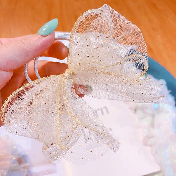 

hair accessories korean chiffon lace sequined bow ribbon elastic bands children kids girls hairband tie casual jewelry, Slivery;white