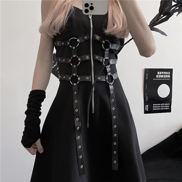 

casual dresses summer 2021 women gothic sling strap mini dress slim belts plain hollow female punk rock black arrival, Black;gray