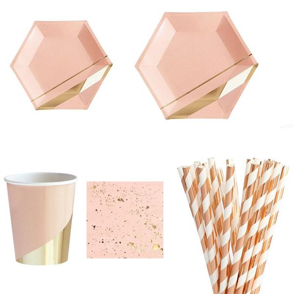 

disposable dinnerware gold blocking pink marble texture tableware set paper plates cups napkins party wedding carnival decorate supplies