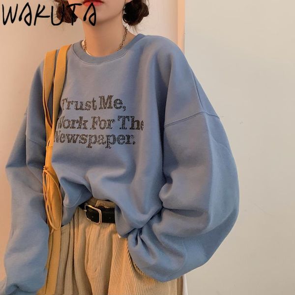 

women's hoodies & sweatshirts wakuta crewneck sweatshirt women autumn winter fleece pullovers oversized letter printing korean streetwe, Black