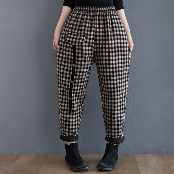 

women's pants & capris women casual pencil 2021 autumn winter korean style vintage plaid elastic waist loose female cotton trousers s23, Black;white