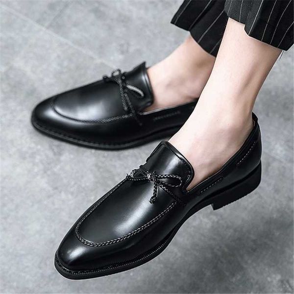 

men tassel loafers leather formal elegant dress shoes simple slip on male casual footwear large size 48 zapatos de hombre, Black