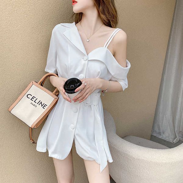 

summer white off shoulder suspender skirt, Black;gray