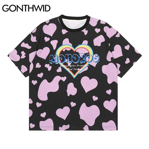

tshirts streetwear hip heart cow pattern print tees shirts mens harajuku fashion casual loose summer t-shirts 210602, White;black