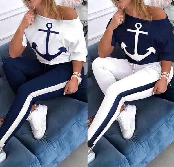 

european and american two piece womenpant short sleeved t shirt sports suit with anchor printing, White