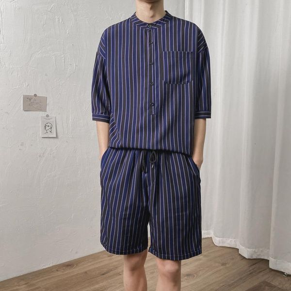 

men's tracksuits hybskr 2021 summer man suit stripe short sleeve shorts stand collar pullover casual oversized harajuku men's cloth, Gray