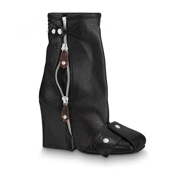 

2021 lady women sheepskin leather chunky high heels ankle boots square toe half knee catwalk rivets zipper shoes martin buckle size 34-43 bl, Black