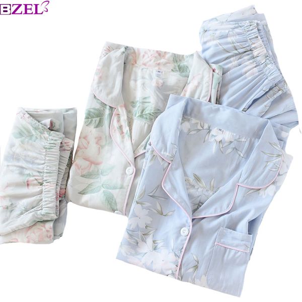 

2021 spring new ladies pajamas set floral printed soft sleepwear cotton simple style women long sleeve+pants 2piece set homewear, Black;red