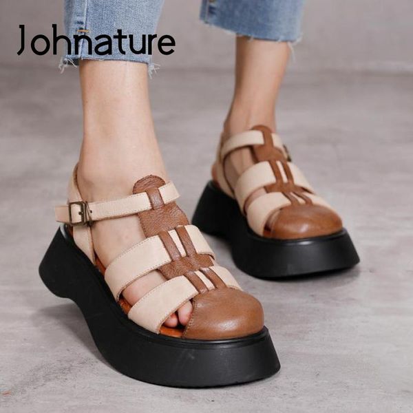 

sandals johnature genuine leather women summer shoes mixed colors retro buckle strap 2021 handmade wedges ladies, Black