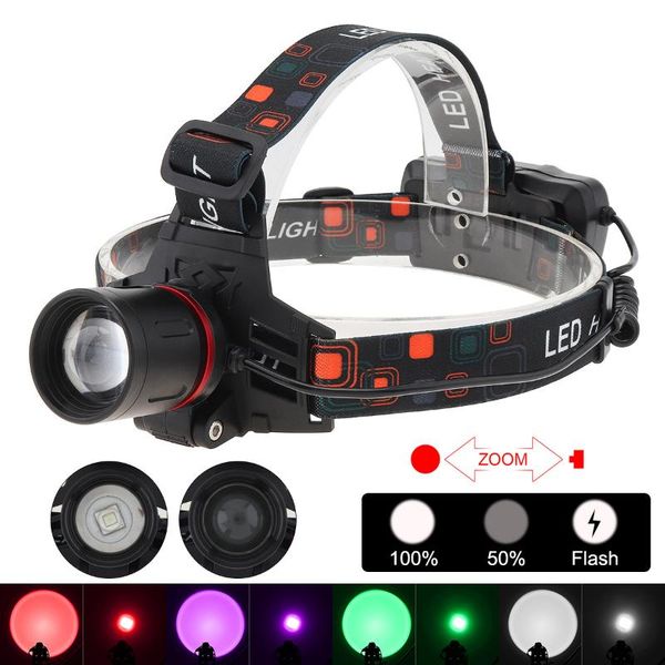 

headlamps xml-t6 led night hunting light zoomable brightest green red purple white waterproof rechargeable headlight