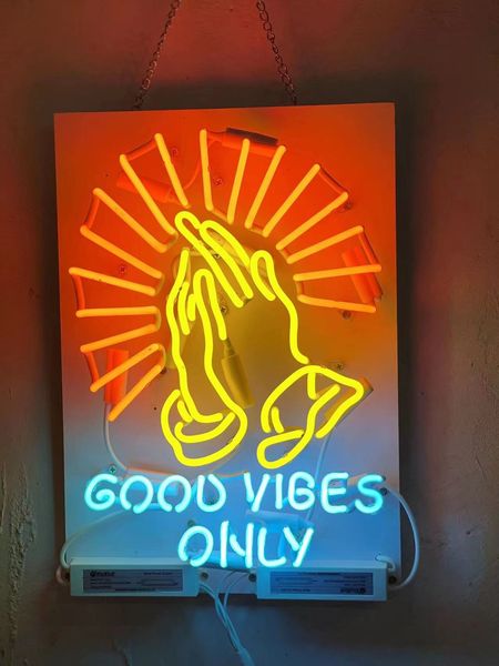 

good vibes only pray logo neon sign light beer bar pub wall decor hanmdade visual artwork