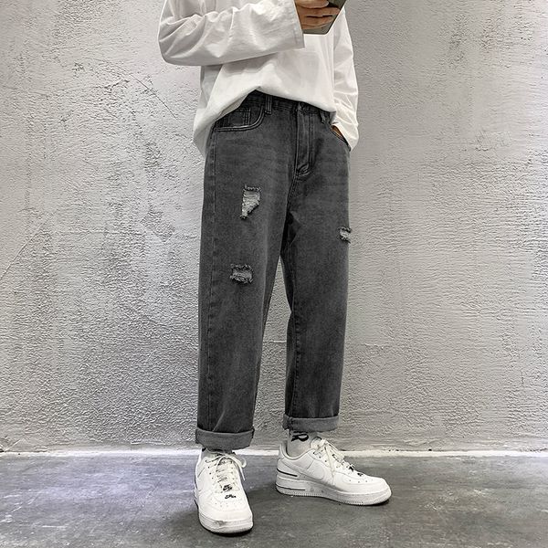 

men's jeans classic straight pants hole baggy homme cargo pocket casual biker denim black/blue color trousers s-3xl qtd7