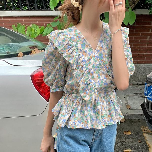 

women's blouses & shirts hzirip 2021 summer thin ruffled flare sleeve floral pattern ladies gentle chic fashion elegant short female sh, White