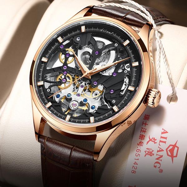 

wristwatches ailang classic series automatic movement mens skeleton man wrist watch fashion luminous mechanical watches 860, Slivery;brown