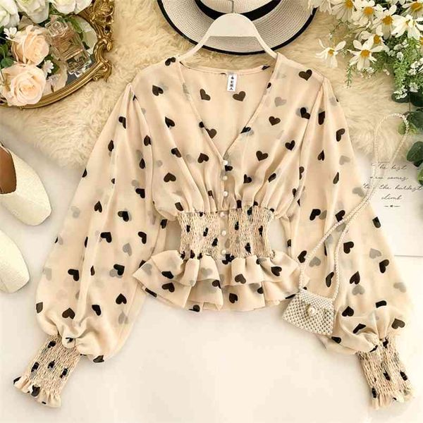 

women's love print chiffon shirt spring autumn v-neck puff sleeve elastic waist double-layer ruffled and blouses ml702 210507, White