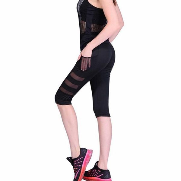 

yoga outfits black pants pocket gym leggins sport women fitness clothing mesh patchwork training running tight jogging femme, White;red