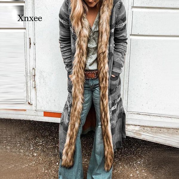 

women's trench coats autumn windbreaker plus size fur collar long-sleeved hooded printing slit casual fashion long coat, Tan;black