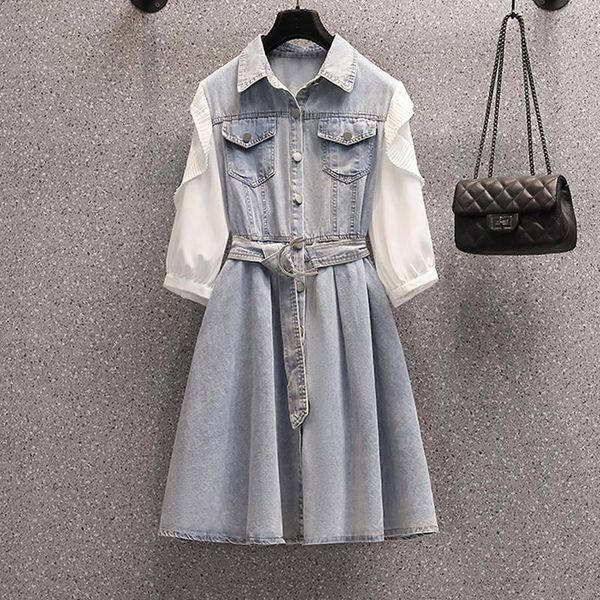 

lady denim dresses spring autumn fashion patchwork chiffon dress bow sashes casual work wear women robe femme, Black;gray