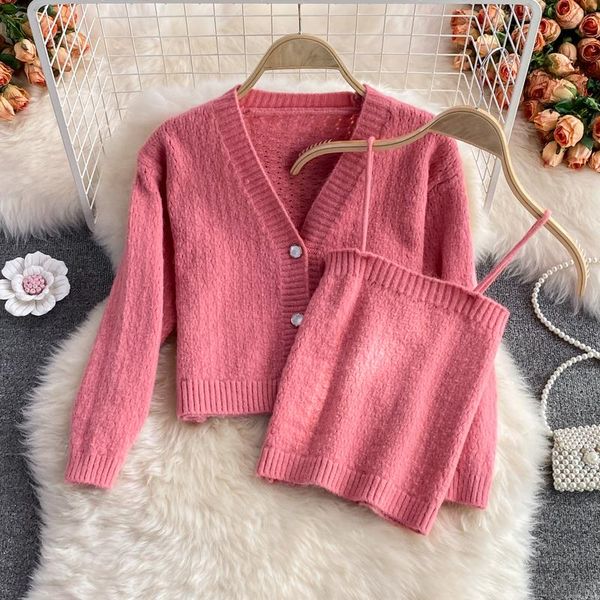 

women's knits & tees singreiny women autumn winter knitted set long sleeve single breasted cardigan+sleeveless slim strap two piec, White