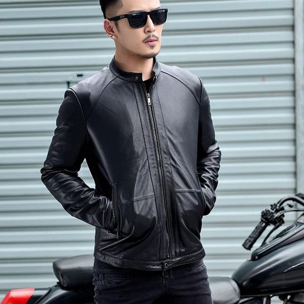 

quality high mens short slim genuine leather biker jacket o-neck zippers pockets sheepskin fashion korean style coat men's & faux, Black